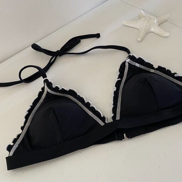 Cupshe Atlantic Contrast Stitch Ruffle Bikini Bralette Womens L Black & White - Picture 11 of 11